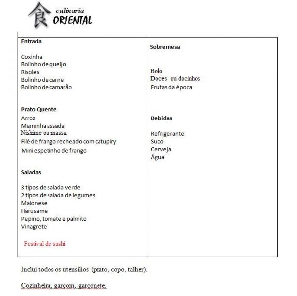 Cardápio Almoço ou Jantar
