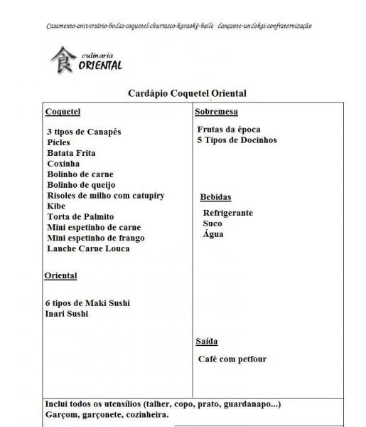 Cardápio Coquetel